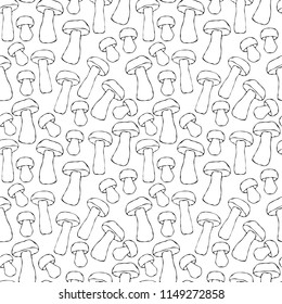 Seamless Endless Red or Orange Aspen Mushrooms Pattern. Autumn or Fall Harvest Collection. Realistic Hand Drawn High Quality Vector Illustration. Doodle Style.