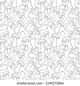Seamless Endless Red or Orange Aspen Mushrooms Pattern. Autumn or Fall Harvest Collection. Realistic Hand Drawn High Quality Vector Illustration. Doodle Style.