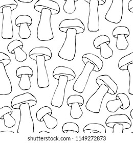 Seamless Endless Red or Orange Aspen Mushrooms Pattern. Autumn or Fall Harvest Collection. Realistic Hand Drawn High Quality Vector Illustration. Doodle Style.