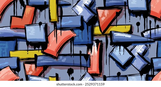 Sem emenda, sem fim, plano de fundo de repetição, padrão, papel de parede.  Formas geométricas abstratas, figuras. Caixas desenhadas à mão, texturas, gotas. Elementos de design de grafite. Design de arte de rua. Texturas irregulares. 