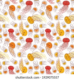 Seamless endless repeat pattern of colorful outline vector doodle cartoon jellyfish. Sea jelly is happy, has good emotion and long tentacles. Animals are isolated on white background