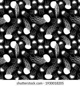 Seamless endless repeat silhouette pattern of black white outline vector doodle cartoon jellyfish. Sea or ocean jelly has long tentacles. Animals are isolated on white background