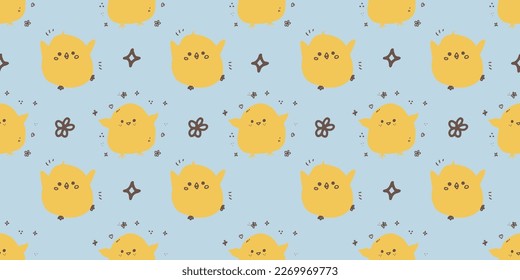 Seamless Endless Repeated Easter pattern with chickens, doodle, cute kawaii birds