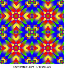 Seamless endless repeating multicolored bright ornament of different colors on combined background