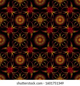 Seamless endless repeating ornament of red shades on black background