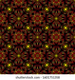 Seamless endless repeating ornament of red shades on black background