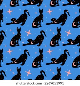 Seamless Endless Repeating pattern with magic mystic black cats, constellations, moon, black cat