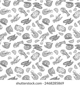 Seamless endless seafood pattern. Illustration in hand drawn style. Can be used to create packaging, covers, backgrounds, cards, textiles, clothing, souvenirs and much more.