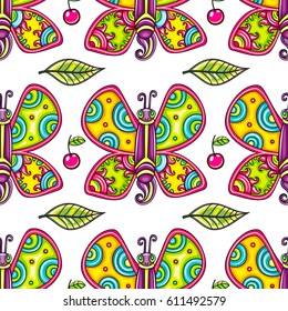 Seamless endless summer floral pattern. Cheerful tropical butterflies, decorative leaves, and juicy cherries  isolated on white background. Vector can be used as wallpaper or wrapping paper for kids.