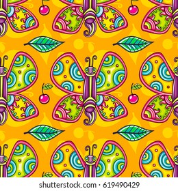 Seamless endless summer floral pattern. Cheerful tropical butterflies, decorative leaves, and juicy cherries isolated on color background. Vector can be used as wallpaper or wrapping paper for kids.