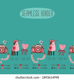 El día de San Valentín sin fin de mar con una cámara linda, pájaros románticos, dulces, flores y flechas. Ilustración vectorial en estilo de moda plana para marcos e impresiones.