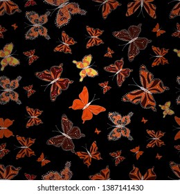 Seamless. Endless. Vector illustration. Sketch, doodle, scribble. Butterflies on a black, brown and orange background. Design with butterflies.
