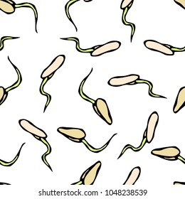 Seamless Endless Vector Illustration of Sprouting Seeds. Seedling Background, Shoot, Plant. Trees, Flowers, Vegetables Cucumber, Zucchini, Pumpkin, Melons Growing. Hand Drawn. Savoyar Doodle Style.
