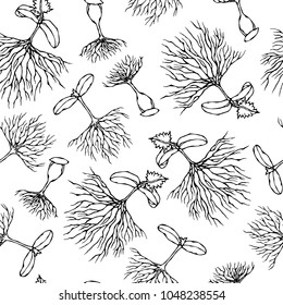 Seamless Endless Vector Illustration of Sprouting Seeds. Growing Sprouts Background. Plant Trees, Flowers, Vegetables Cucumber, Zucchini, Pumpkin, Melons Growing. Hand Drawn. Savoyar Doodle Style.