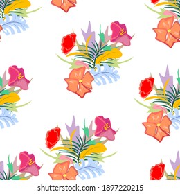 Nahtlose und endlose Vektorgrafik mit tropischem Bouquet. Helles Set von exotischen Wildblumen und Pflanzen auf weißem Hintergrund.