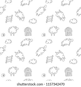 Seamless endless vector pattern of black and white sheeps. Vector illustration. Hand drawn.