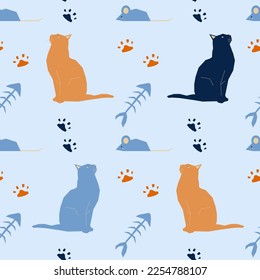 Seamless Endless Vector pattern with cats, mouse, mice, fish bones, paws. For wrapping paper, for prints, for fabric, for textile