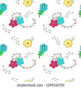 Seamless endless vector pattern of colorful flowers, leaves, grass. Vector illustration