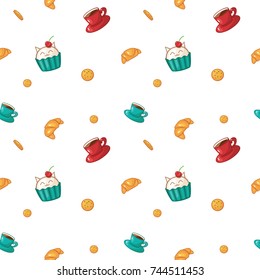 Seamless endless vector pattern of croissants, cookies, cups of coffee, cupcakes of a little white kitten with a cherry on top, on a white background.