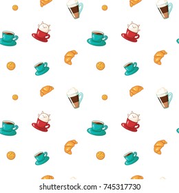 Seamless endless vector pattern of croissants, cookies, glasses of latte coffee with ice cream topping, cups with a little white kitten, on a white background.