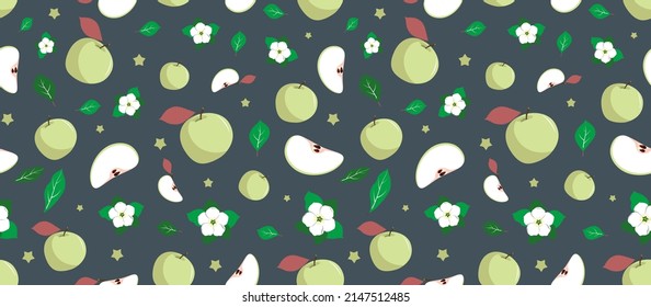 Seamless endless vector pattern of green apples, blossoms and leafs. Dark blue fruit background