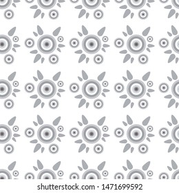 Seamless endless vector pattern. Monochrome abstract design. Little round geometric tea flowers with leaves. Vintage design, shades of grey colors, perfect for textile, fabric, wallpaper