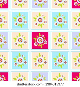 Seamless endless vector pattern. Simple abstract design. Little cute round geometric  tea flowers with leaves. Bright punch pastel children’s colors, perfect for textile, fabric, wallpaper 