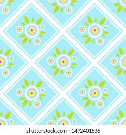 Seamless endless vector pattern. Simple abstract design. Little cute round geometric  tea flowers with leaves. Bright punch pastel children’s colors, perfect for textile, fabric, wallpaper 