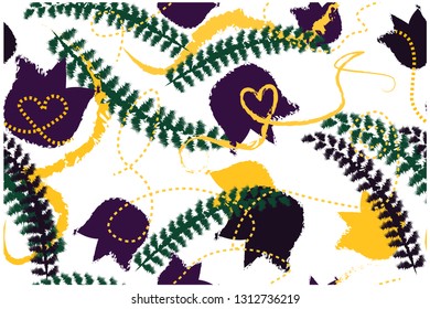Seamless endless vector pattern spring background with random yellow dashed brush strokes and purple bluebells and green coniferous leaves on white background