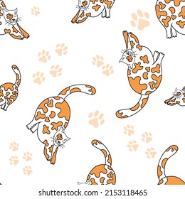 seamless endless vector pattern, stretching cat in orange spots, on a white background.