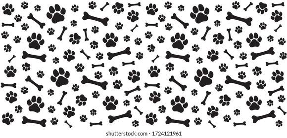 Seamless endless vector pattern of traces of dog paws. Dog legs and bones. Monochrome black and white
 
