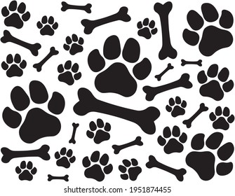Seamless endless vector pattern of traces of dog paws. Big large dog legs and bones. Monochrome black and white