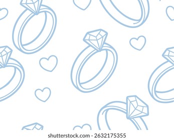 Seamless engagement ring pattern with hearts in pastel blue line art on white background, ideal for wedding invitations, romantic designs, love-themed branding, and wrapping paper prints.