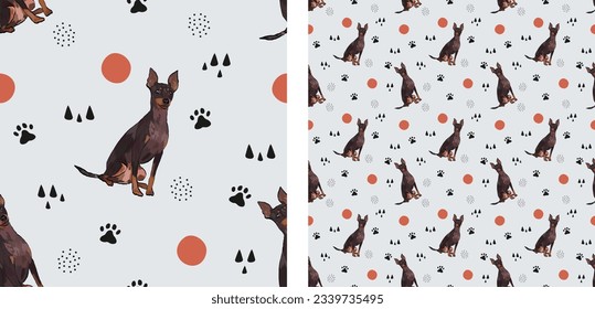 Seamless english toy terrier pattern, holiday texture. Square format, t-shirt, poster, packaging, textile, textile, fabric, decoration, wrapping paper. Trendy hand-drawn abstract wallpaper with dogs.