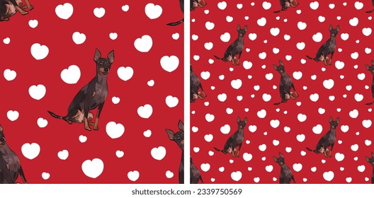 Seamless English toy terrier pattern, holiday texture. Packaging, textile, decoration, red wrapping paper. Saint Valentine wallpaper with hearts and mascots. Fun seamless square pattern with hearts.