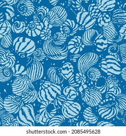 Seamless Engraved Effect Sea Shells Surface Pattern Design For Print. Etching Technique Style. Vintage Nautical Background. Repeating Of Exotic Conch Contours Design. Modern Aquatic Endless Texture.