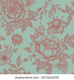 Gravação contínua vetor linear moderno vintage tinta estilo barroco. Branches deixa elementos padrão de silhueta renascentista padrão feito à mão para decoração, têxteis, cartões postais, fundo de design de impressão