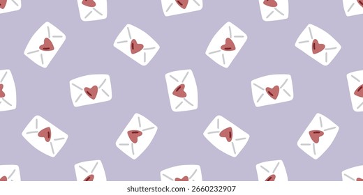 Seamless Envelope Heart Pattern Design. Cute white envelopes sealed with hearts on pastel purple background. Romantic valentine-inspired repeat for wrapping, cards, and textiles.