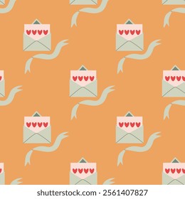 Seamless envelope pattern featuring Valentine's Day mail. Includes simple opened and closed envelopes adorned with hearts. Perfect holiday background for wrapping paper, textiles, and festive designs.