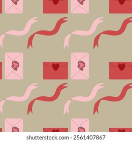 Seamless envelope pattern featuring Valentine's Day mail. Includes simple opened and closed envelopes adorned with hearts. Perfect holiday background for wrapping paper, textiles, and festive designs.