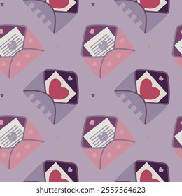 Seamless envelope pattern. Valentine's Day mail. Simple open and closed envelopes decorated with hearts. Angels, Holiday background for packaging, textile