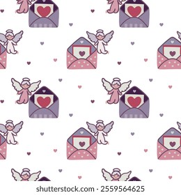 Seamless envelope pattern. Valentine's Day mail. Simple open and closed envelopes decorated with hearts. Angels, Holiday background for packaging, textile