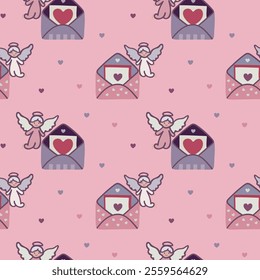 Seamless envelope pattern. Valentine's Day mail. Simple open and closed envelopes decorated with hearts. Angels, Holiday background for packaging, textile