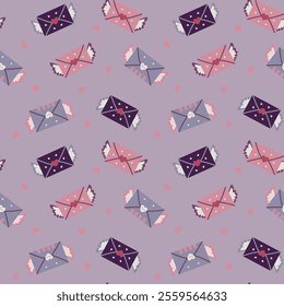 Seamless envelope pattern. Valentine's Day mail. Simple open and closed envelopes decorated with hearts. Angels, Holiday background for packaging, textile