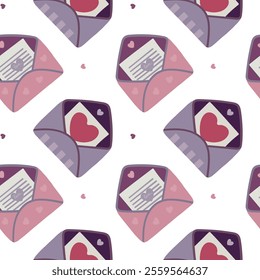 Seamless envelope pattern. Valentine's Day mail. Simple open and closed envelopes decorated with hearts. Angels, Holiday background for packaging, textile