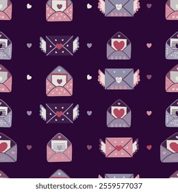 Seamless envelope pattern. Valentine's Day mail. Simple open and closed envelopes decorated with hearts. Angels, Holiday background for packaging, textile