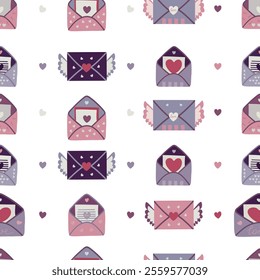 Seamless envelope pattern. Valentine's Day mail. Simple open and closed envelopes decorated with hearts. Angels, Holiday background for packaging, textile