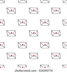Seamless envelope with red hearts on white background