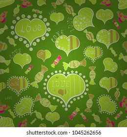 Seamless. EPS 10 file. Romantic. Hand drawn colorful. For greeting cards, Valentines Day, Mothers Day, Woman':s Day, wedding cards on green, white, yellow colors. Vector. Typography lettering poster.