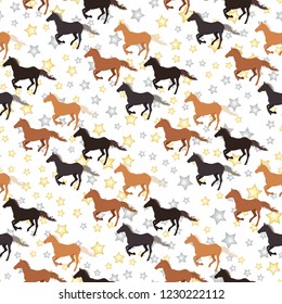 Seamless equestrian pattern on a white background with stars. Diagonal placed running horses. For prints on clothes, wrapping paper, web design.